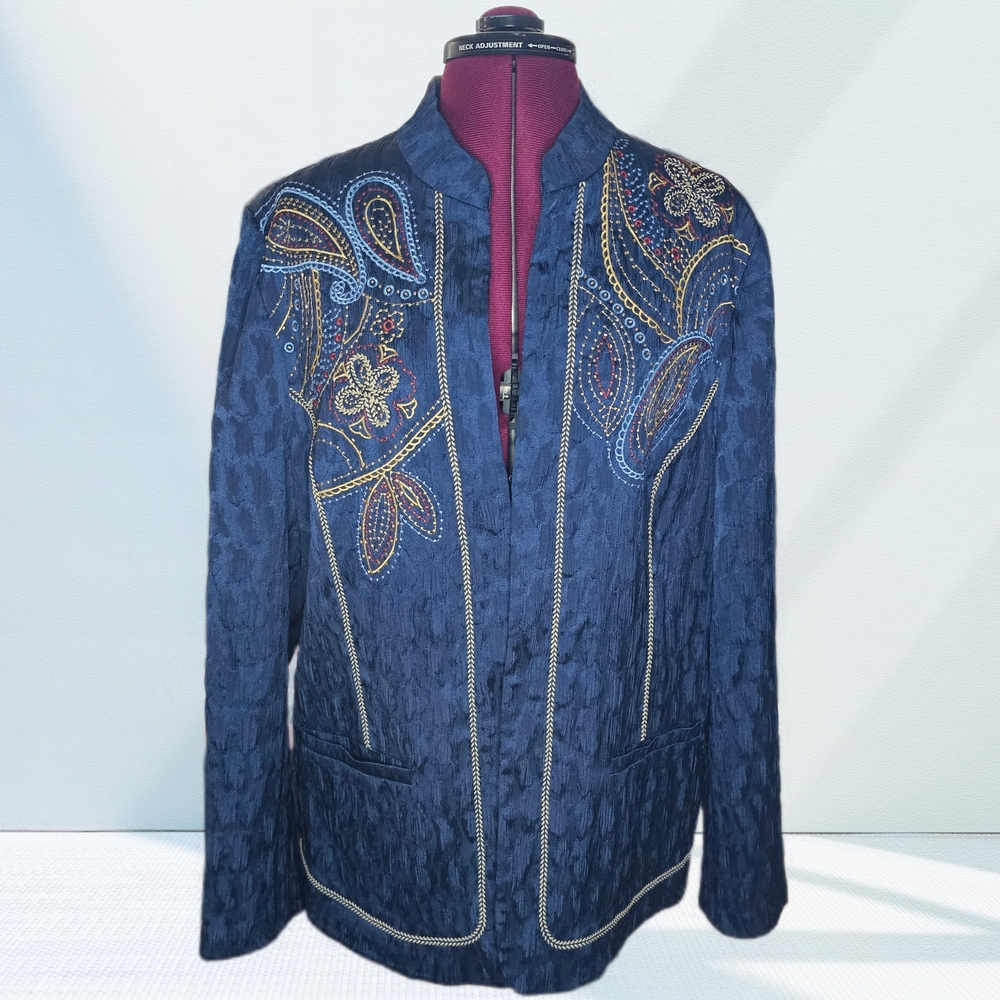 Alfred Dunner Embroidered Beaded Paisley Jacket Womens 18 Blue Blazer Career